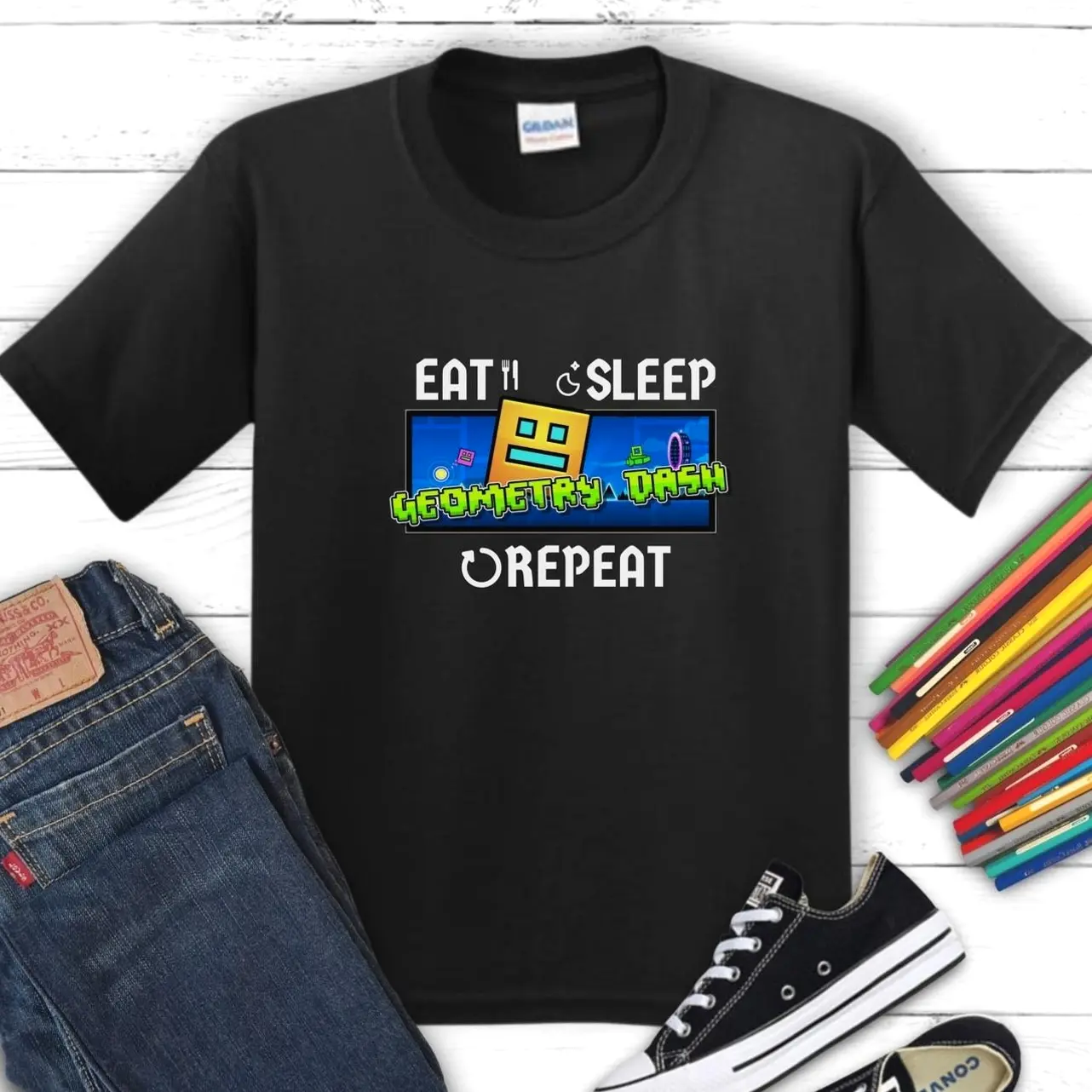 Geometry Dash T-Shirt, Kids Gamer Tee, Eat Sleep Repeat, Kids Heavy Cotton Tee C93