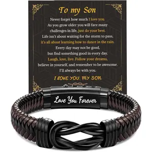 Leather Bracelet Gifts For Son/Husband/Men,Mens Bracelet With Stainless Steel Adjustable Clasp,Infinity Bracelet Jewelry Gifts For Birthday Christmas Anniversary