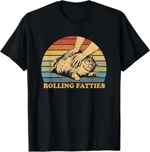 100% Cotton Cat Rolling Fatties Funny Unisex-Adults and Black Polyester Cartoon Animal Cat T-Shirt