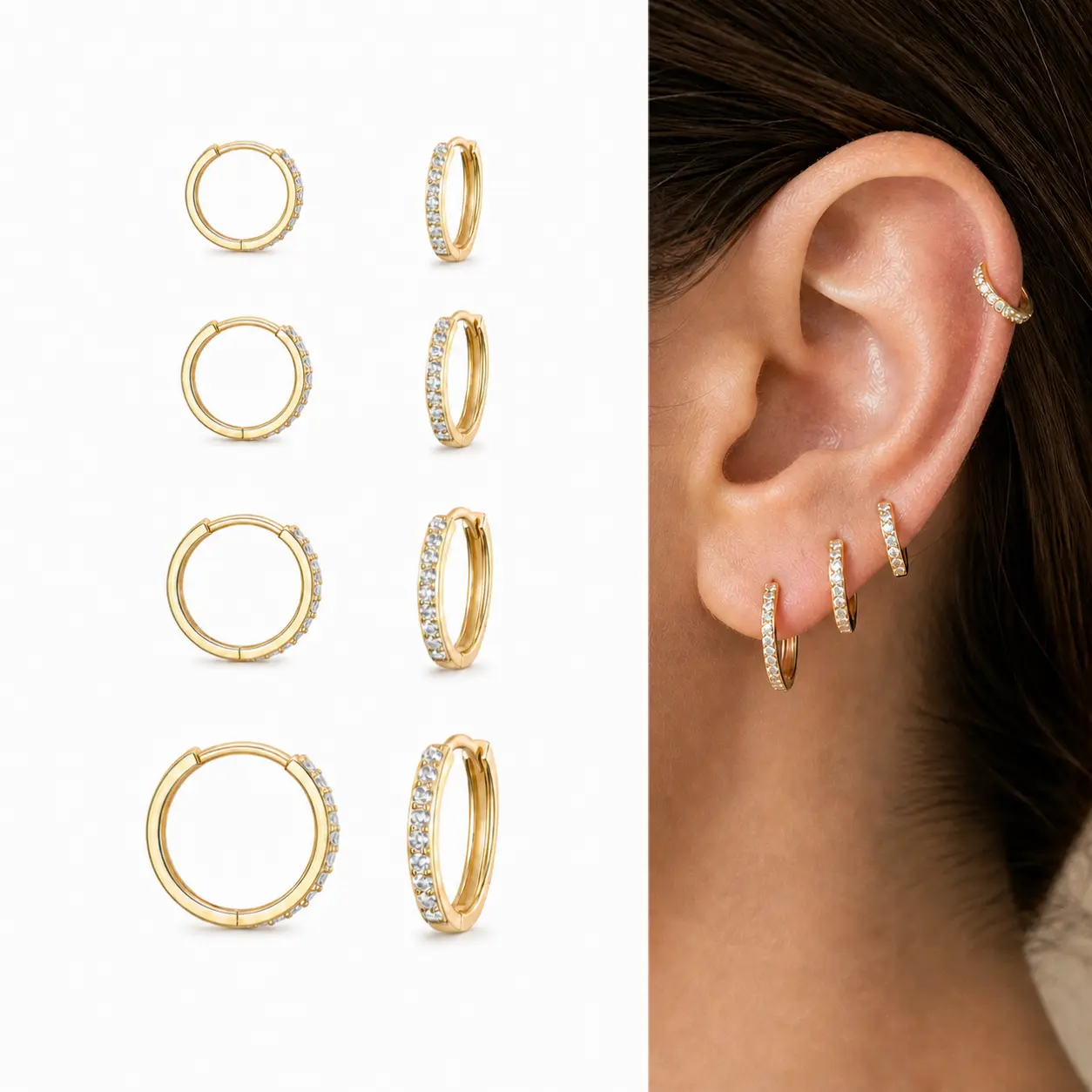 4 Pairs Small Huggie Hoop Earrings Set 14K Gold Plated , S925 Sterling Silver Pave Cubic Zirconia 6/8/10/12mm Tiny Hoops, Cartilage Helix Tragus Ear Stack Jewelry for Women Men, Everyday Party Date Night Birthday Christmas Valentine’s Day Gift