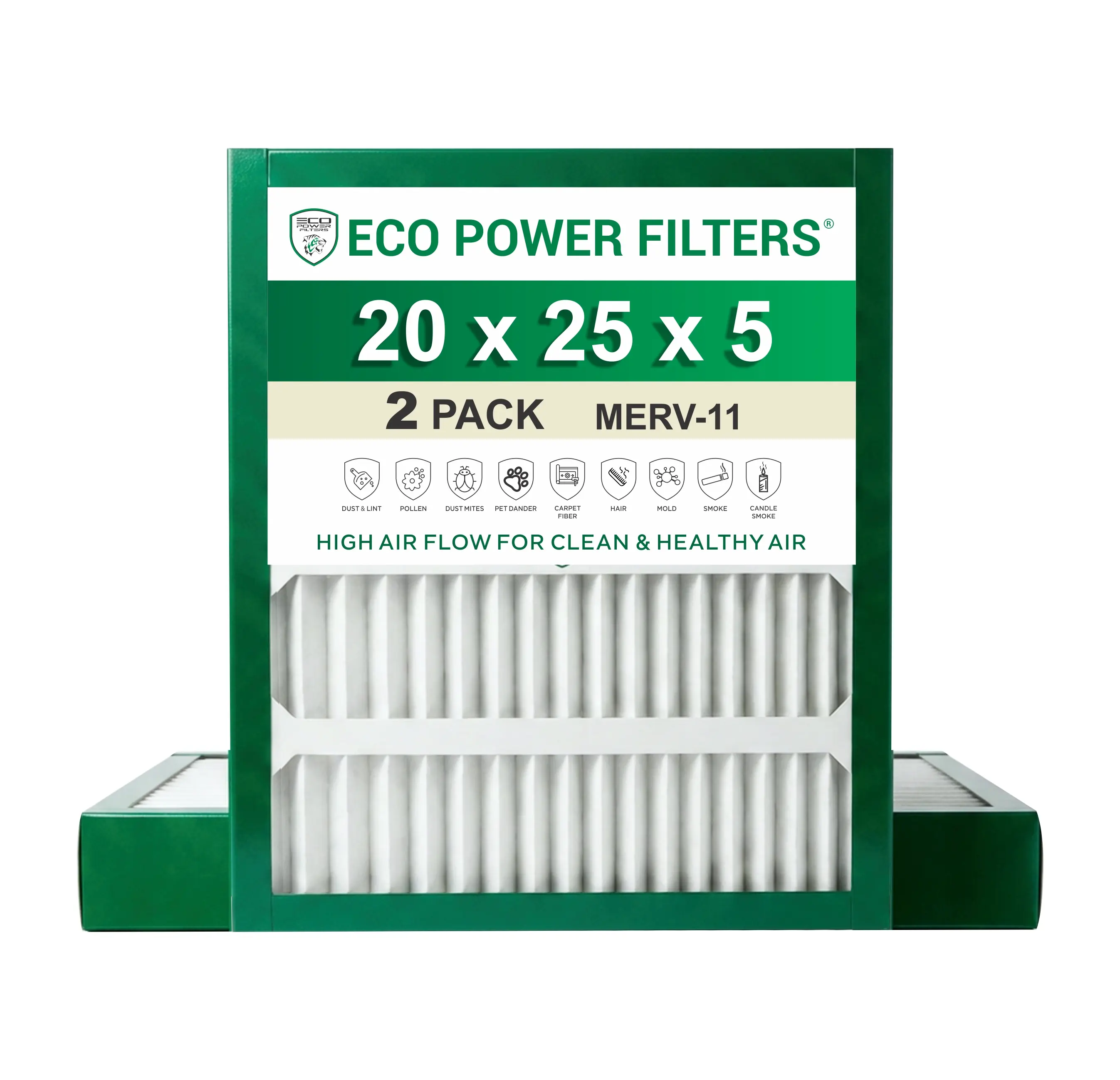 ECO POWER 20x25x5 MERV 11 Pleated HVAC Air Filter (PACK OF 2) – High Efficiency Furnace & AC Filter for Dust, Pollen & Pet Dander (Actual Size 19.88 x 24.75 x 4.38)