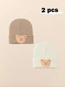 2pcs Baby Beanie Hat Set, Infant Newborn Toddler Winter Warm Knit Cap, Casual Letter Pattern, Outdoor Accessories for Boys & Girls