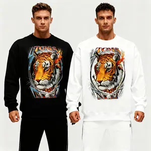 Mens Novelty Bling Rhinestone Sweatshirt Glitter Bedazzled Graphic Pullover Crewneck Streetwear Dragon Embroidered Heavyweight Regular Fit Round Neck Long Sleeve Pullover Fall & Winter Streetwear Men's Embroidered Graphic Crewneck Sweatshirt Tiger Head