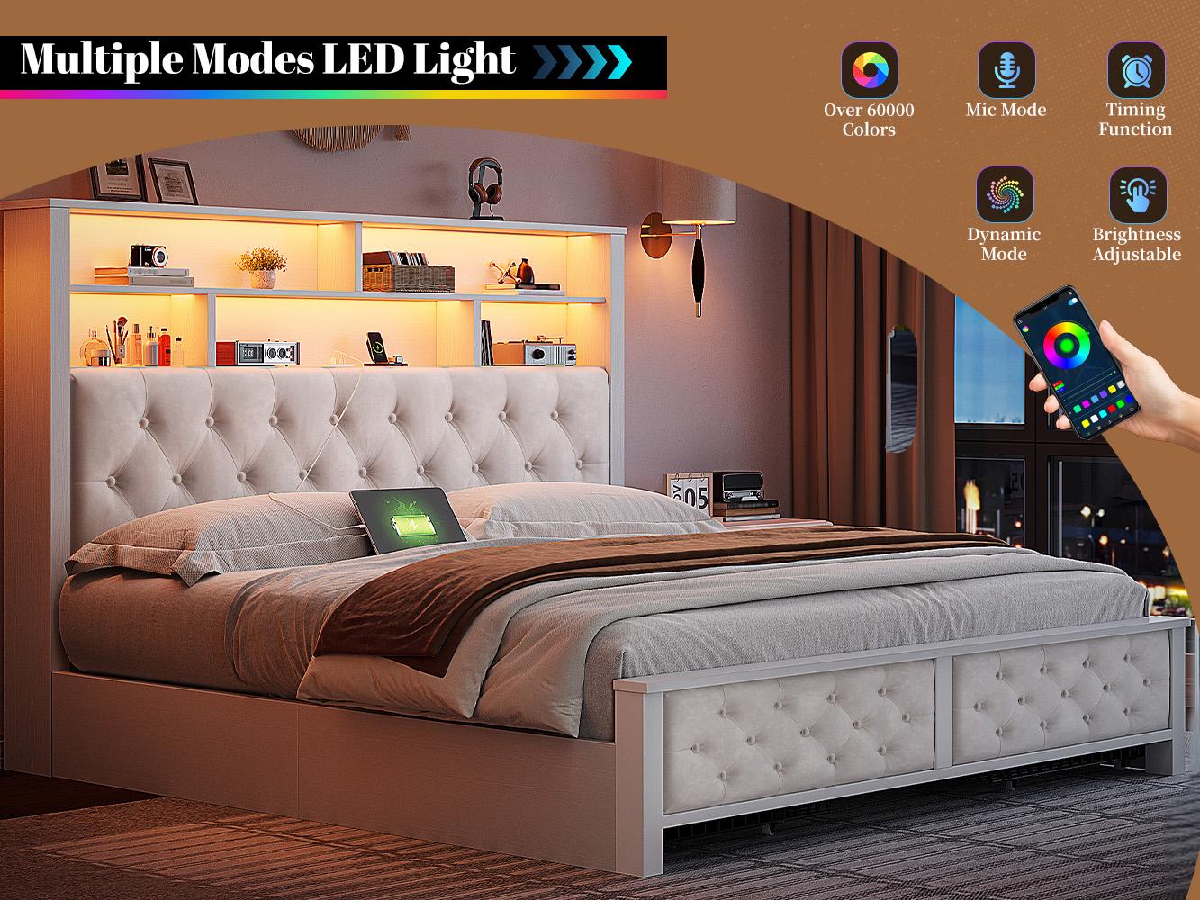 Raybee Luxury Modern LED Bed Frame with Power Stripes, Tufted Velvt Upholstered Full /Queen/King Size Bed Frame with Bookcase Storage Headboard, Heavy Duty Platform Bed Frame Holds 900LBS, NO Noise, No Box Spring Needed, Space Saving Hacks, Beige, Gray