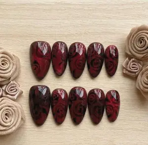 Deep Red Cat Eye Almond Press On Nails, Black Floral Embedded Art, Romantic Manicure