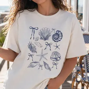Coastal Seashell Graphic Tee Women Plus Size Preppy Bow Beach Shirt