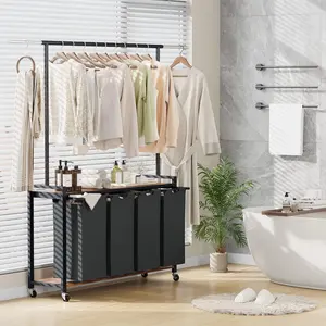 2 Bin Rolling Laundry Sorter with Hanging Rack & Storage Shelf, Heavy Duty Laundry Hamper with Lockable Wheels, Large Capacity Organizer for Bedroom Bathroom Laundry Room, Black