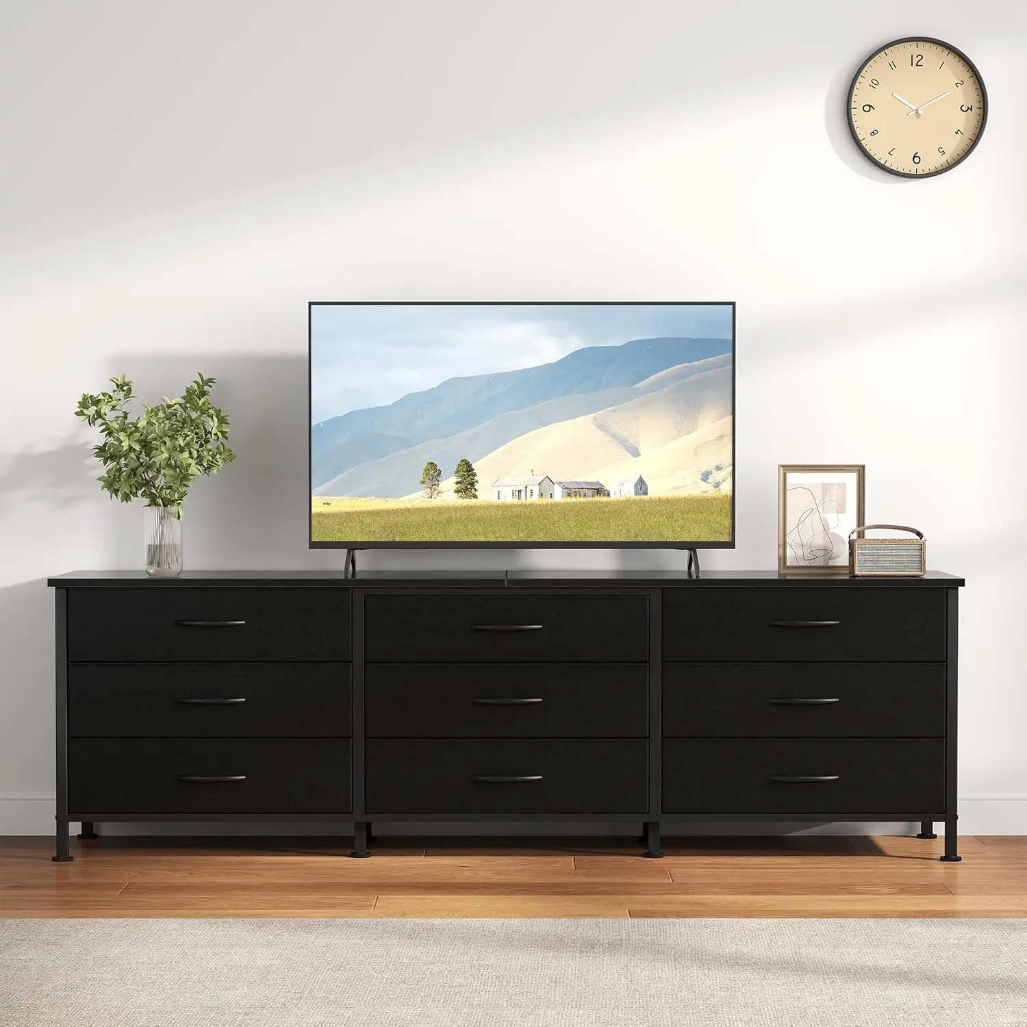 9-Drawer Long TV Stand for Living Room, Entertainment Center Holds Up to 75  Inch TV, Fabric Storage Media Console with Adjustable Feet for Bedroom -  TikTok Shop