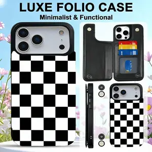 Black & White Plaid Pattern PU Leather Wallet phone case with Dual Magnetic Card Slots for Cards and Cash, Foldable Kickstand. Compatible with iPhone 17 Pro Max, 17e, 17 Air, 16 Pro Max, 15, 14 Pro, 13, 12 Pro Max Plus & Samsung S25 S24 S23 S22 Series