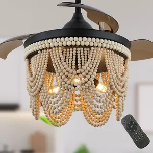 42" Bohemian Style Wooden Bead Retractable Ceiling Fan with Remote and LED Light Kit Included, DC Motor 6 Speeds Ceiling Fan