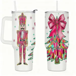 Pink Nutcracker Christmas Tumbler 40oz Stainless Steel Cup with Handle Lid & Straw Glam Bow Tree Design Holiday Gift for Her Drinkware Flasks Drinkware Flasks Mug Bottles Bottled Water Bottles Water Bottles Portable