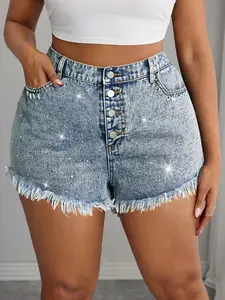 Plus Size Women's Rhinestone Embellished Washed Denim Shorts, Faux Fur Hem Design, Trendy Casual Wear for All Seasons