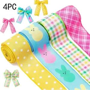 Easter Bunny Wired Ribbon Set, 2 Inch Decorative Polyester Ribbons with Colorful Polka Dots, Perfect for Gift Wrapping, DIY Crafts, Spring Holidays, Gift Wrapping Supplies