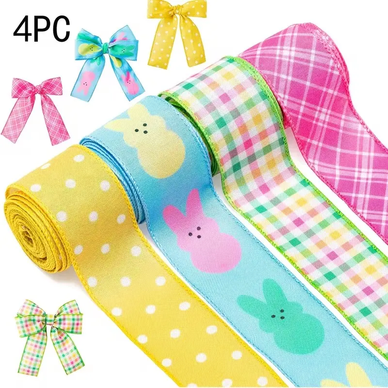 Easter Bunny Wired Ribbon Set, 2 Inch Decorative Polyester Ribbons with Colorful Polka Dots, Perfect for Gift Wrapping, DIY Crafts, Spring Holidays, Gift Wrapping Supplies