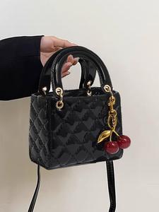 women's fashionable cherry decorated handbag, casual versatile quilted design crossbody bag with bag charm, trendy all-match shoulder bag for daily use