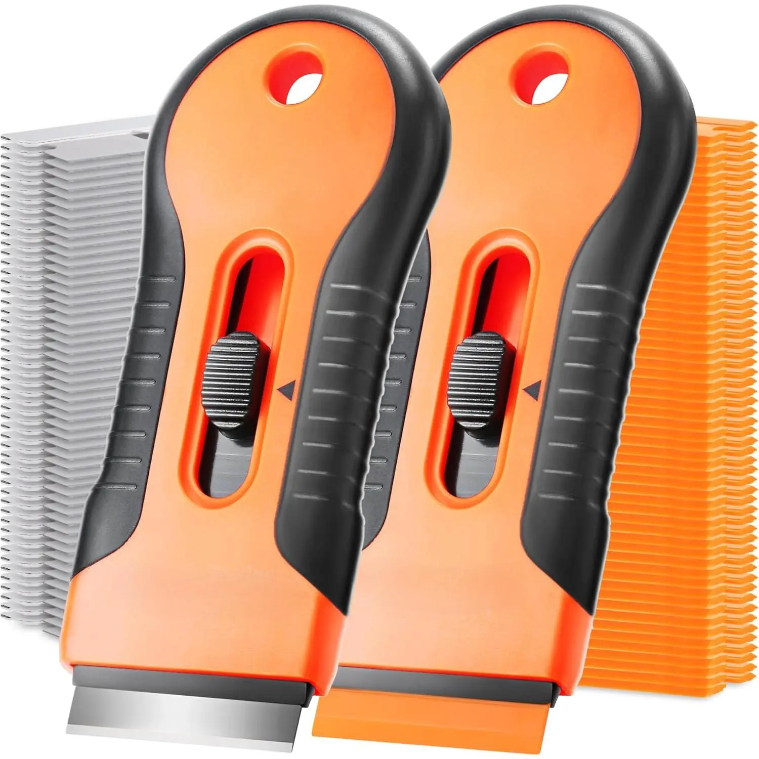 Razor Blade Scraper Tool, 2 Pack Razor Scraper Set with Extra 80Pcs Razor Blades -30Pcs Metal and 50Pcs Plastic Blades, Cleaning Scraper Tool, Cooktop, Paint, Glass Scraper