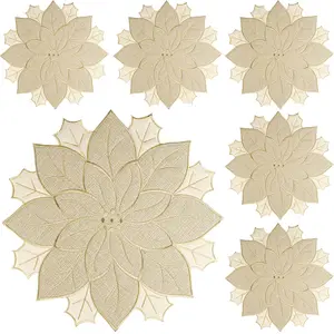 Christmas Placemats Set of 4 Poinsettia Red Christmas Burlap Table Decorations Indoor Flower Placemats for Winter Holiday Party Kitchen Dinning Decorations