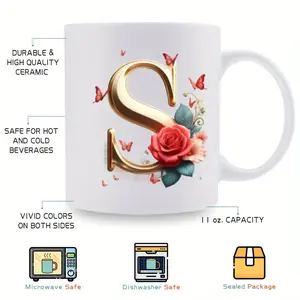 Bpa Free 11oz Ceramic Mug Featuring Alphabet and Floral Motifs Portable Microwaveable Wide Mouth Suitable for Multiple Festivals and Events
