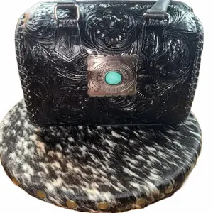 Medium black tooled speedy bag with faux turquoise stone
