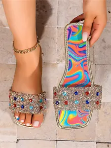 Women's Multicolor Rhinestone Flat Slide Sandals, Square Toe Slip-On Shoes for Summer