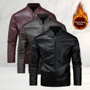 Men's Black Leather Thickened Fleece Lined Stand Collar Zipper Jacket with Decorative Stitching on Sleeves & Side Button Details for Everyday Outings or Trendy Parties slim fit pu leather jacket  outfit