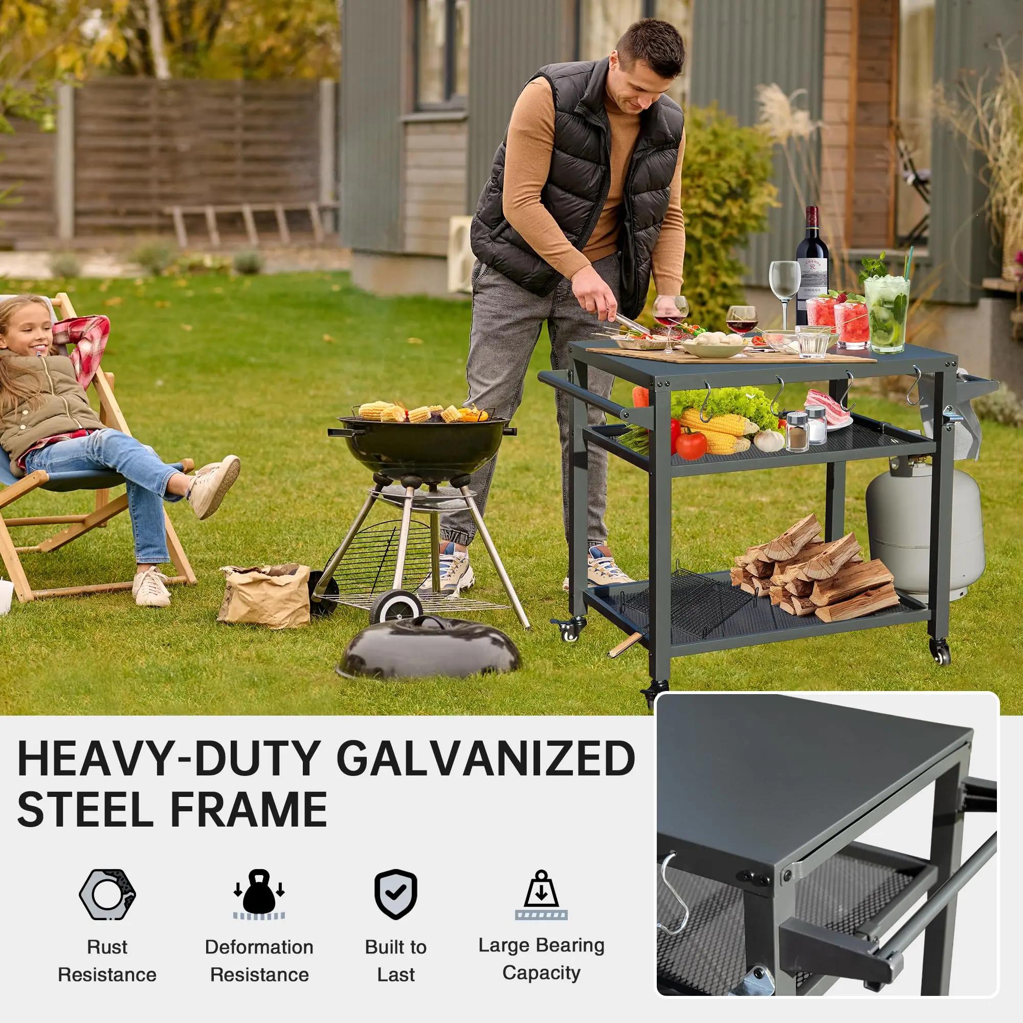 Moveable Outdoor Kitchen BBQ Worktable Trolley 42" W X 22" D 3 Storage Shelves Grill Cart Table Wheels Hooks for Food Parks