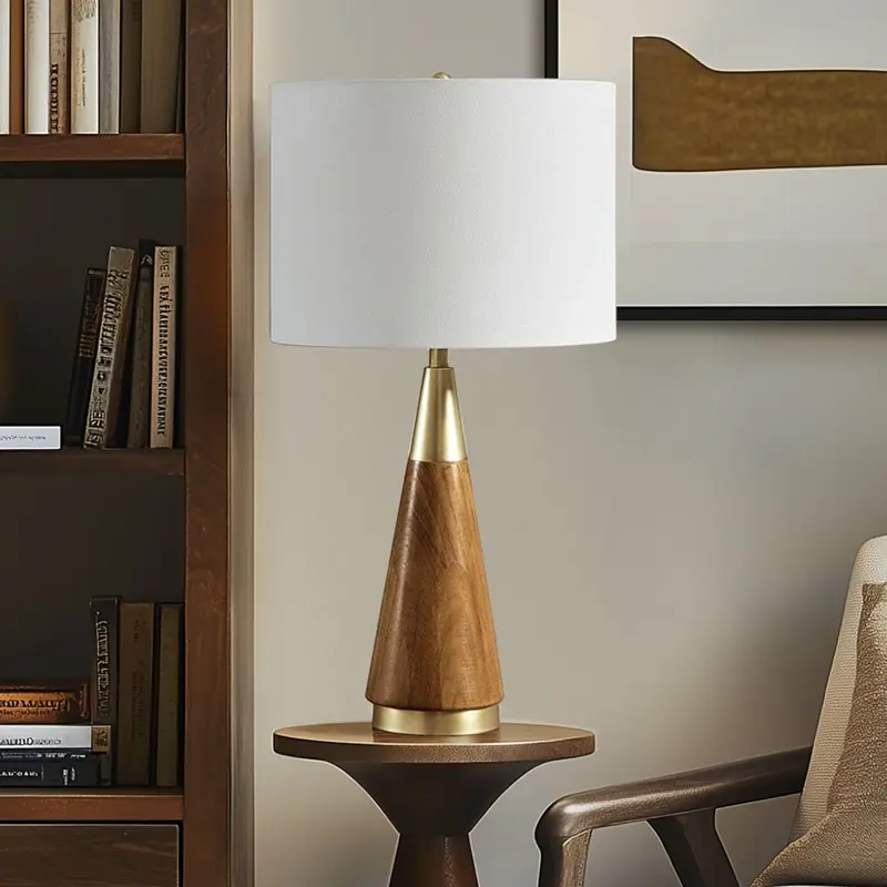 Triangular Table Lamp Mid-Century Modern Accent Lighting for Entryway Bedroom Living Room, Espresso Wood Grain Finish with Metal Accents, Rubber Wood Construction, 72-Inch Clear Cord, Includes LED Bulb