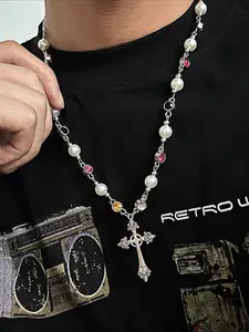 Men's Pearl & Colorful Gem Cross Necklace Gothic Silver Rosary Style Choker Unisex Punk Statement Jewelry MensNecklace GothicStyle