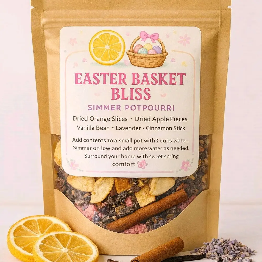 Easter Basket Bliss Scented Simmer Potpourri - All Natural Farmhouse Home Fragrance Freshener, Small Batch Mix with Citrus, Vanilla Bean, Lavender Buds, Cinnamon Stick, Dried Fruit, Gift Option
