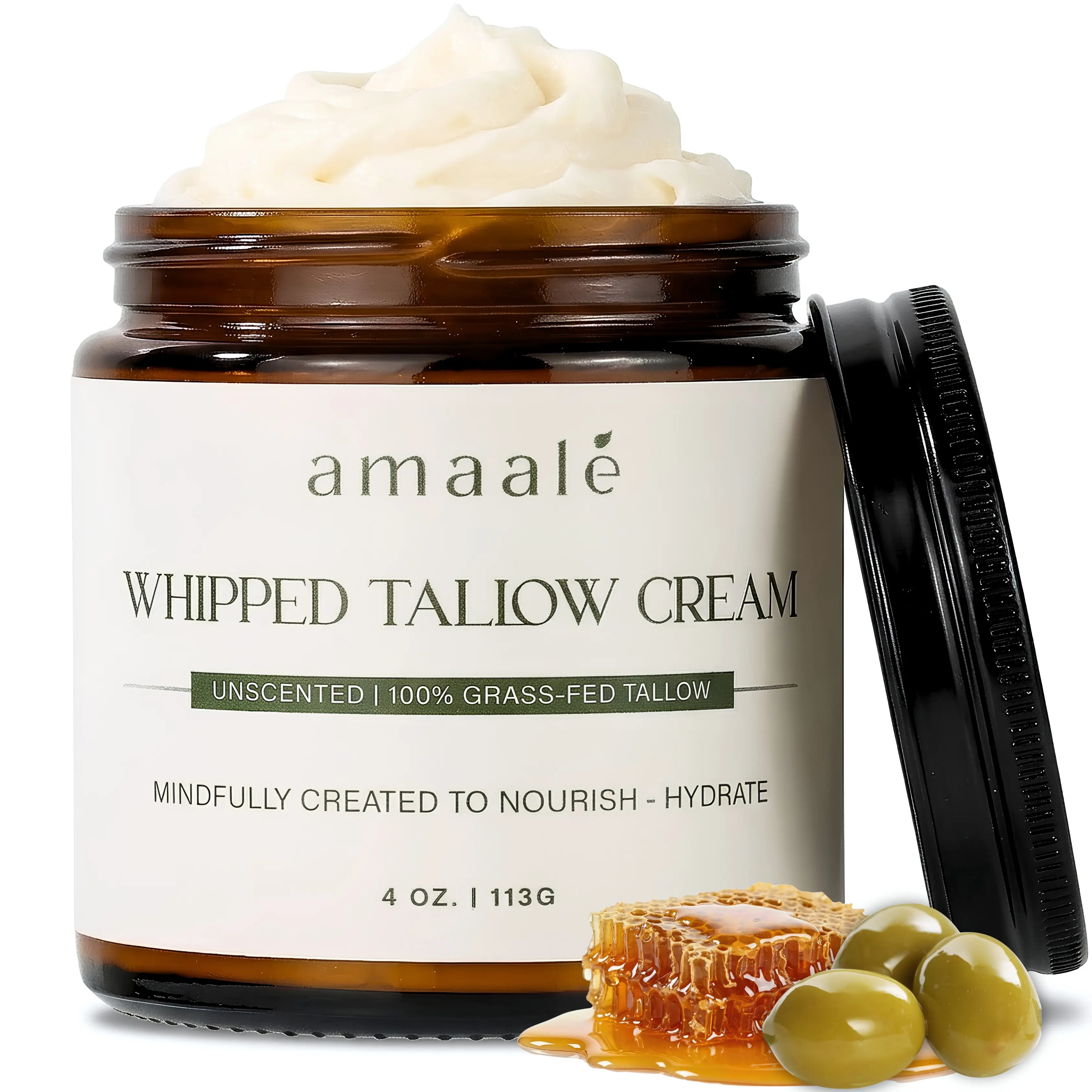 Halal Whipped Tallow Cream (Unscented) - 100% Grass-Fed Beef Tallow for Skin with Organic Raw Honey, Olive Oil & Vitamin E - Natural Face & Body Moisturizer for All Skin Types, 4 oz moisturizing cream