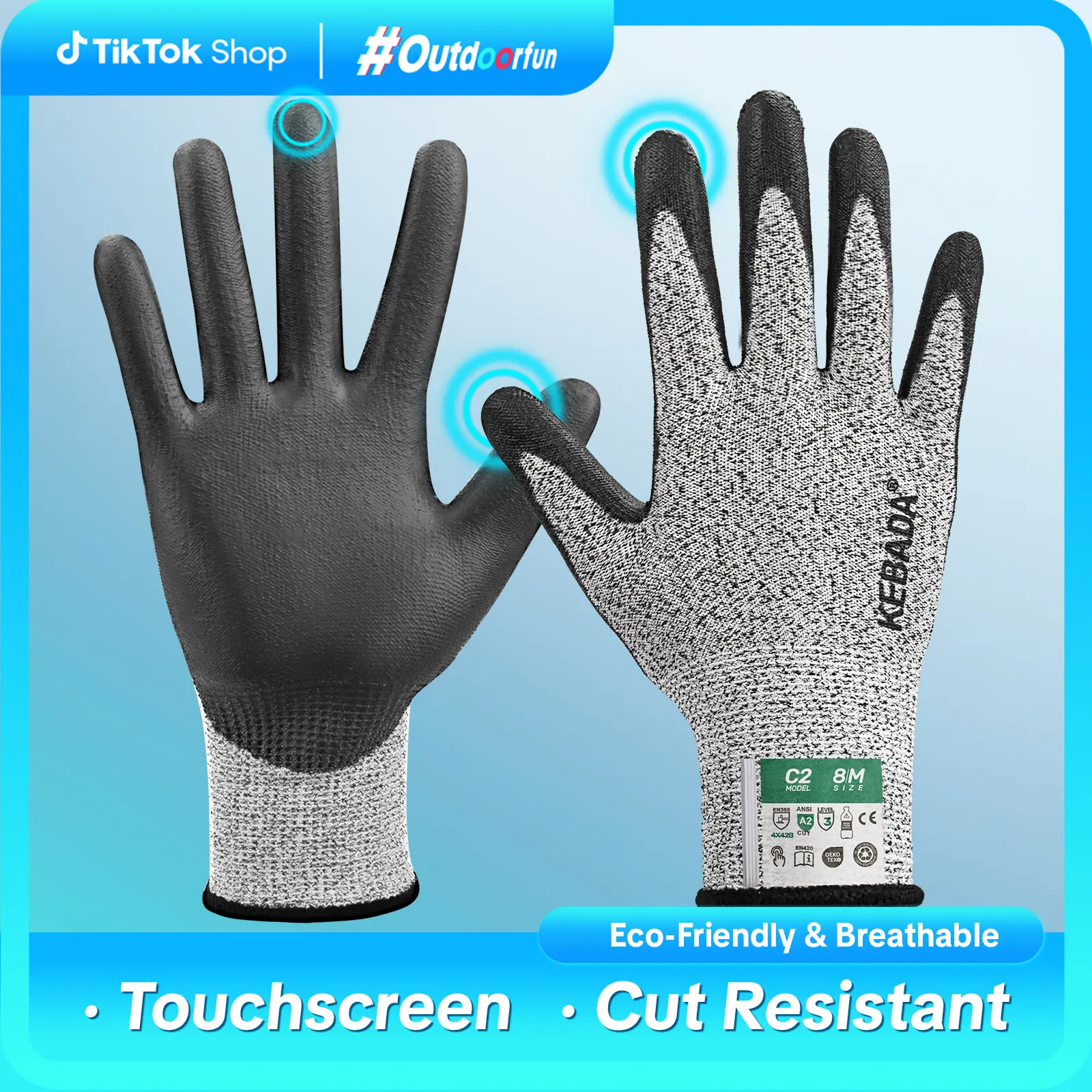 Kebada Cut Resistant Gloves, ANSI A2 Cutting Gloves, PU Coated Anti Cut Gloves C2, Touchscreen outdoorfun
