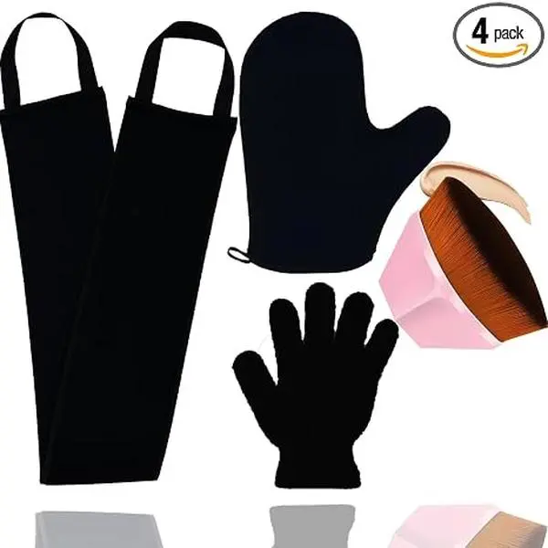 4-Piece Self Tanning Mitt Applicator Set – Includes Tanning Mitt, Back Applicator, Face Tanner Brush & Exfoliating Glove – Streak-Free Sunless Tanning Kit for Even, Natural-Looking Coverage
