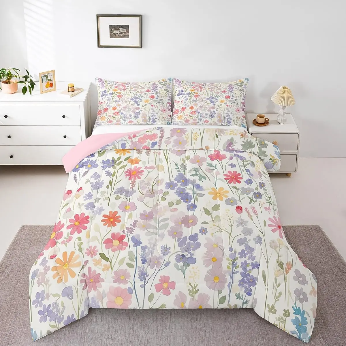 Feelyou Colorful Boho Watercolor Wildflower Comforter Set - Pink Purple Cute Rustic Floral Decorative Microfiber Soft Bedding Set, Decorative Bedding Set, Microfiber Bedding Set