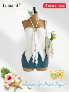 Soleia Women's Asymmetrical Hem Sleeveless Top With Seashell Decor, Suitable For Beach Vacation, Summer Tops Women Summer Beach Tops For Women Sexy Summer Tops Halter Top White Tops For Women Summer And Spring Valentine's Day Carnival Outfit Party Dresse