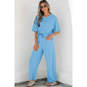 Sky Blue Drop Shoulder Boxy Tee and Barrel Pants Set