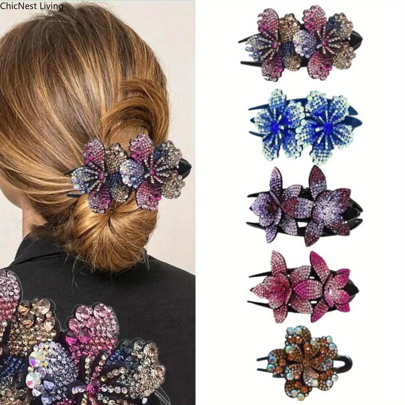 Women's 5-Piece Jeweled Flower Hair Pin Set, Thick Crystal Double-Flower Hair Claws, Vintage Asian Fashion Ornaments, Flower Claw Clips, Decorated Hair Clips