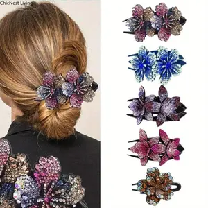 5 Pcs Double Flower Decorative Jeweled Rhinestone Hair Clip Pretty Fancy Floral Thick Crystal Hair Clips for Women Beautiful Fashion Designer Asian Accessories Long Chinese Korean Vintage Ornaments