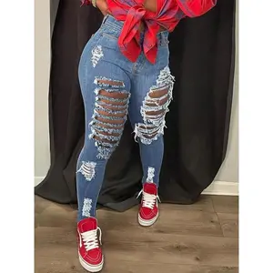 Women's Plain Ripped High Waist Skinny Stretchy Jeans, Fashion Casual Denim Pants for Daily Outdoor Wear, Ladies Bottoms for All SeasonsRAIMENTRY