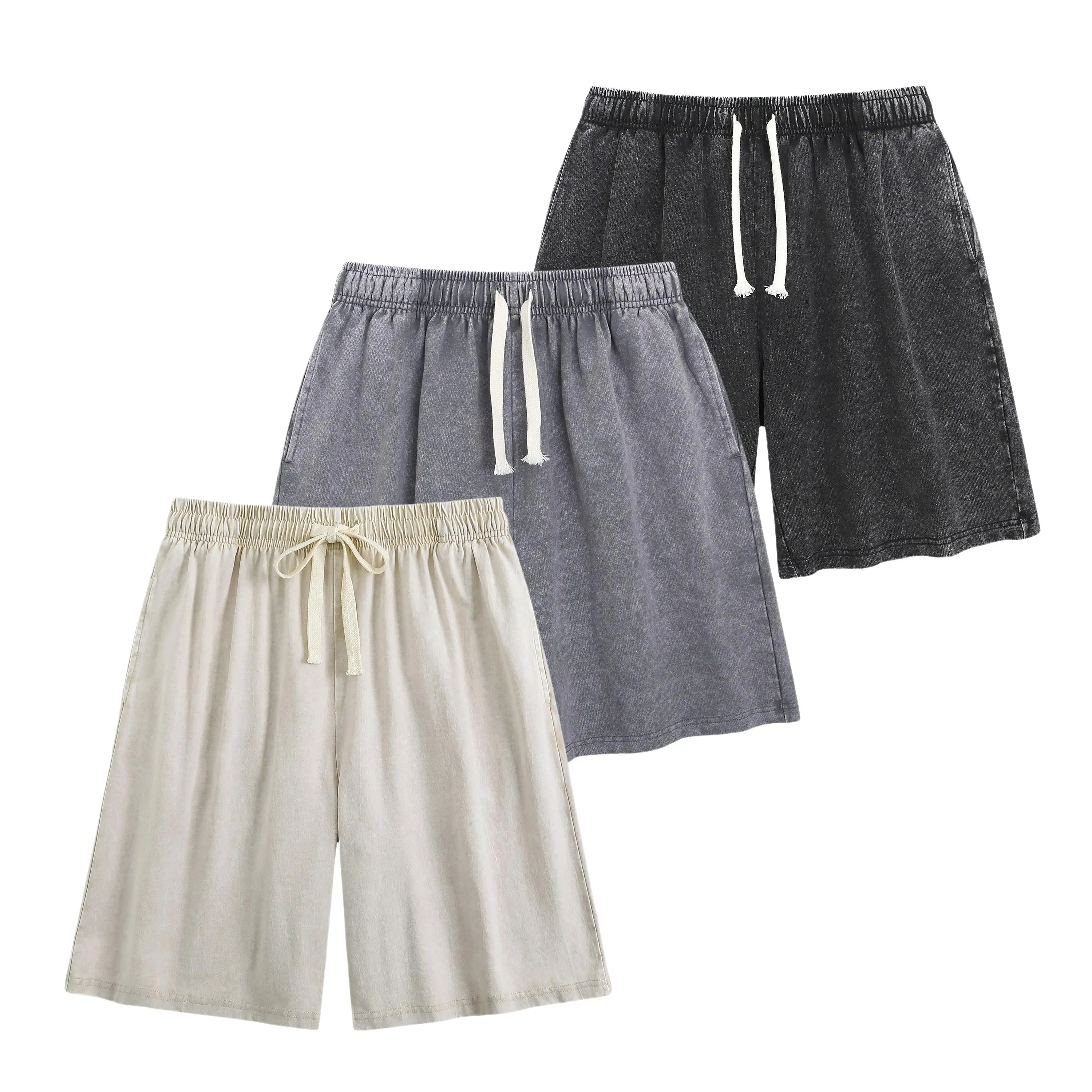 Menswear 3-Pack Washed Denim Shorts - Elastic Drawstring Waist, Baggy Wide-Leg Jean Shorts for Retro 90s Streetwear, Casual Everyday Outdoor Activities, Father's Day Gift (Grey) Men's Breathable