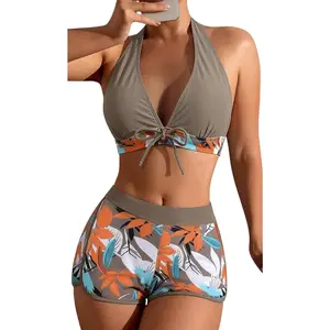 Women's Two Piece Halter Swimsuit V Neck Push Up Bikini Set Swimwear with Boyshorts Swimwear for Swimming Pool