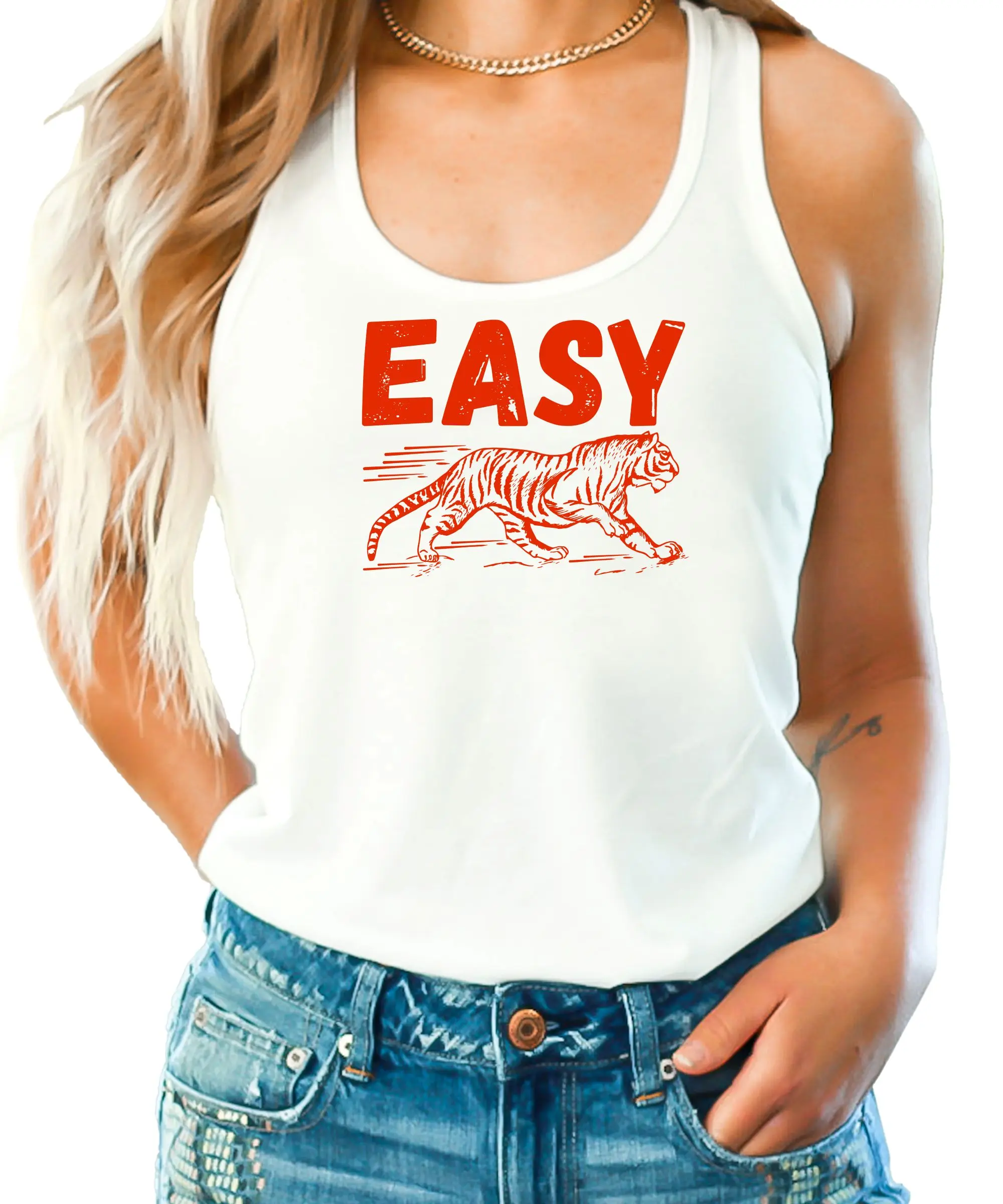 Easy Tiger Tank Top - Cute Trendy Graphic Shirt for Women - Retro Easy with Red Tiger Summer Shirt for Adults