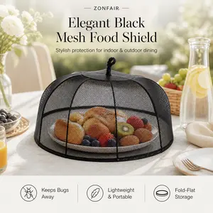 Zonfair Elegant Black Mesh Food Shield - Stylish Protection for Indoor & Outdoor Dining - Lightweight & Portable - Fold-Flat Storage - Keeps Bugs Away