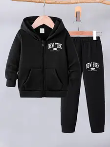 Boys Casual Hooded Long Sleeve Sweatshirt and Warm Pants Set for Fall & Winter, Stylish Outdoor Suit with Nyc Letter Logo Design