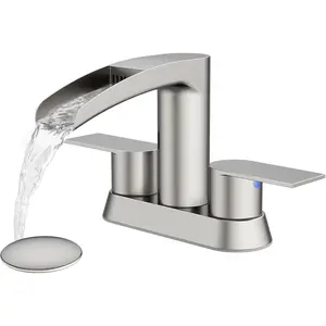 Bathroom Sink Faucet for 3 Hole,  4 Inch Bathroom Faucets with Pop-up Drain, Stainless Steel 2-Handle Waterfall Faucet for Sink, Brushed Nickel