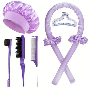 Women's No Heat Curling Iron Set & Satin Sleep Cap, Hair Styling Tools Comb Clips Elastic Bands, Perfect Hairstyle Design Kit, Heatless Curling Iron