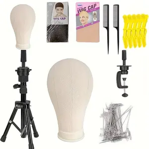 22" Canvas Cork Wig Mannequin Head Tripod Set with Table C Clamp Holder, Professional Wig Model for Making Styling Drying & Hair Replacement