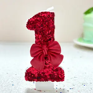 1 Pc Birthday candle, red bowknot cake candles, sparkling number glitter candles, 2.76 inches cake decorations, suitable for birthday parties, anniversary parties, and wedding decorations