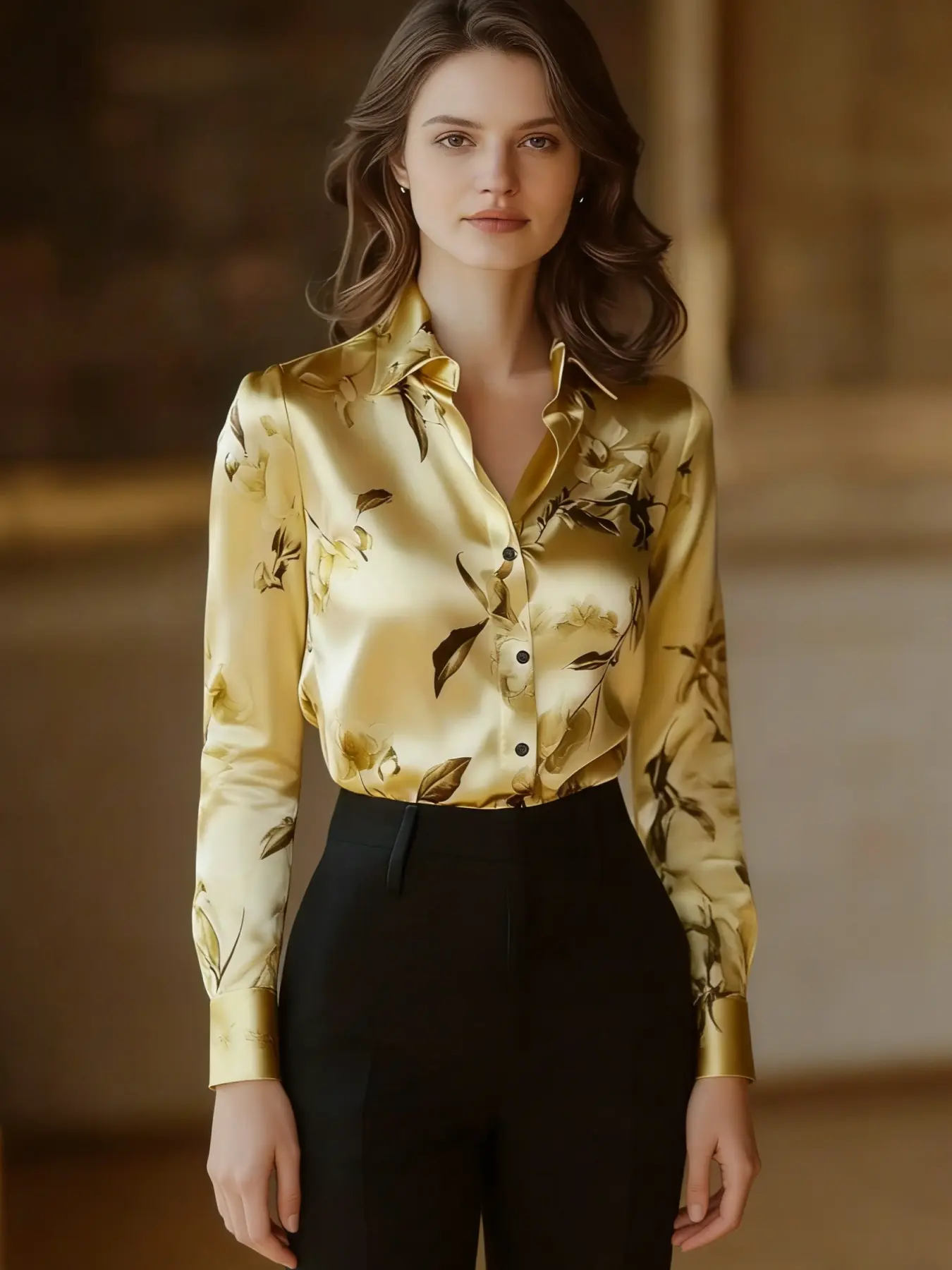 A fashionable and versatile women's satin printed shirt Blouse with a light luxury style, suitable for commuting to work, shopping and outdoor activities, indoor and outdoor dressing