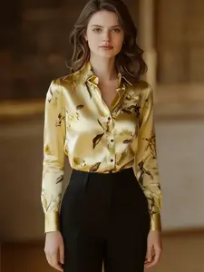 A fashionable and versatile women's satin printed shirt Blouse with a light luxury style, suitable for commuting to work, shopping and outdoor activities, indoor and outdoor dressing