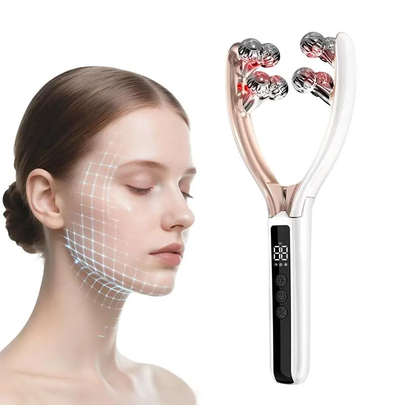 Rechargeable V-Face Sculpting Massager with 8 Massage Balls, Red-Light Vibration Facial Roller for Skin Tightening, Contour Beauty Tool for Face & Neck